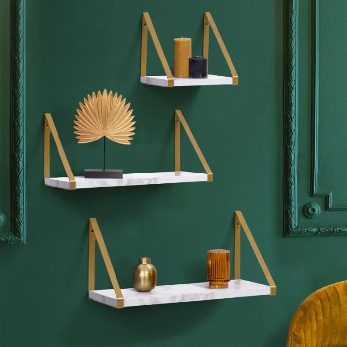 IDMARKET Set of 3 ALASKA marble effect and gold metal wall shelves