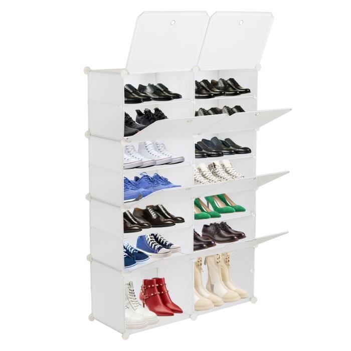 blanc meuble à chaussures 2 rangées 7 étagères 14 compartiments portes taille 40*30cm rubik's cube pièce armoire plastique 72*32*122