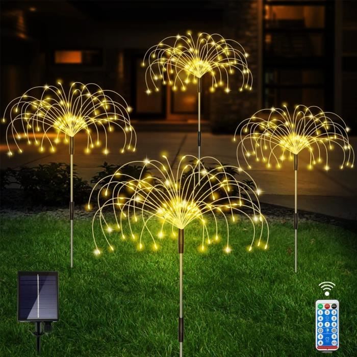 Lot de 4 Lampes Solaires de Feux D'artifice - BIVGOCLS - Blanc Chaud - 120 LED - Étanche - 8 Modes - pour Jardin