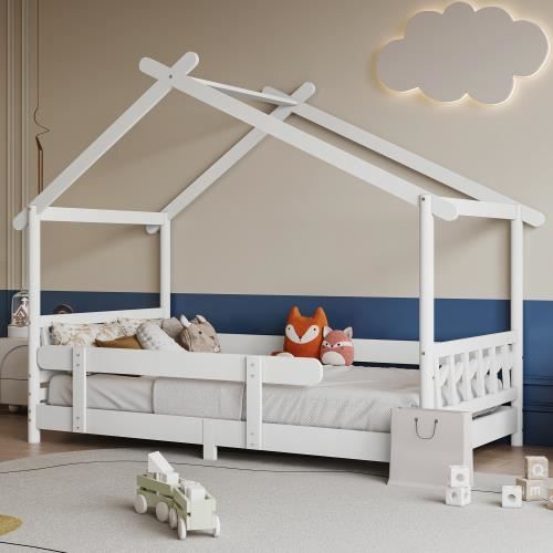 Lit Cabane Enfant Merax 90x200 Cm - Avec étagères, Porte, Tableau Noir - Blanc, Sans Matelas - 6
