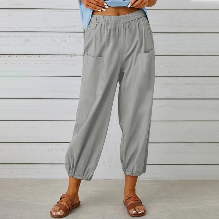Pantalon femme Sasaquoy Pantalon décontracté en coton et lin à la mode Pantalon de couleur unie avec poche de ceinture ample Gris