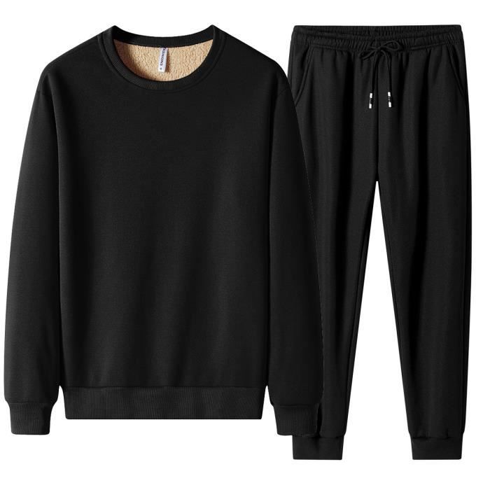 Ensemble Polaire Homme 2 Pices paisse Sweatshirt Sport Sweat Col Rond et Pantalon Jogging de Cordon de Serrage noir