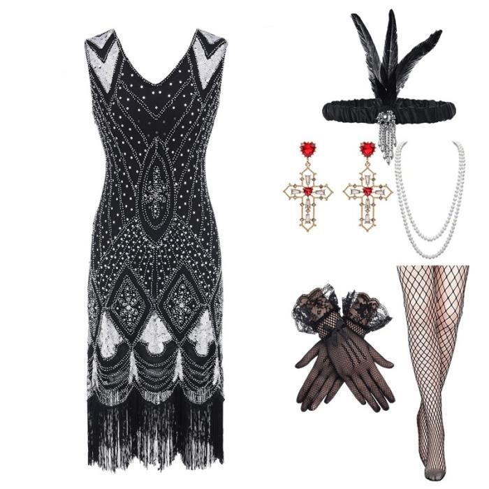 Robe Gatsby Femme Annee 20 Deguisement Robe Charleston Femme Avec Accessoire Annee 20 Vintage Robe Sequins Femme a Franges Cdiscount Jeux Jouets