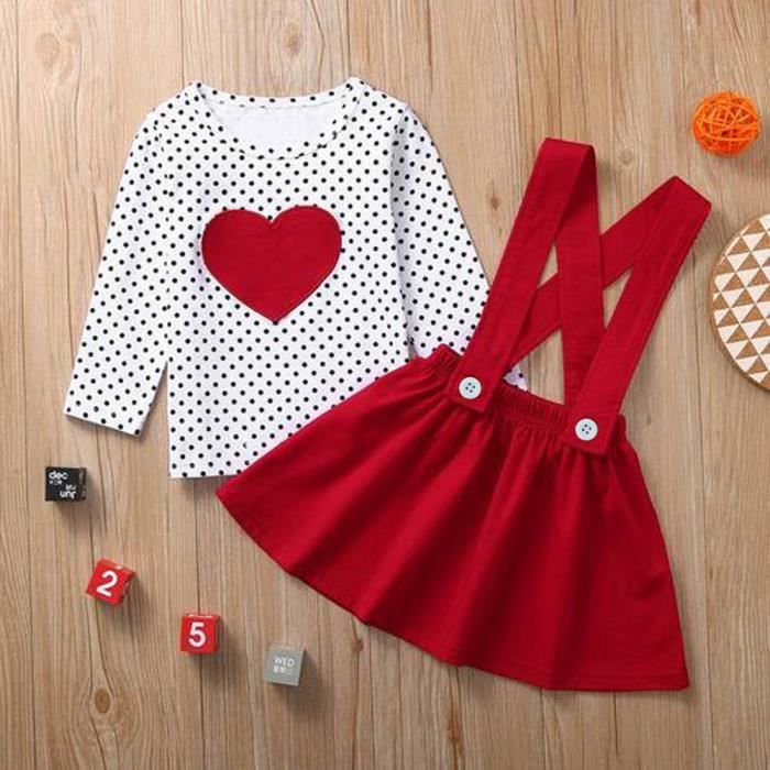 1-5 Ans 2 PCS Ensemble de Vêtements pour Bébé Fille : Chemise Coeur Aimant + Jupe à Bretelles