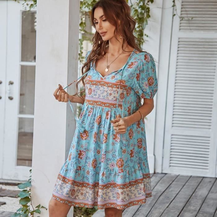 Robe Femme Boho Chic En Coton Lin - Col V Profond, Manches Courtes Évasées, Jupe Midi Ample - Pour Plage, Vacances, Daily Wear