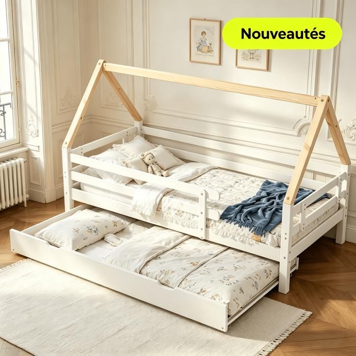 Lit pour enfant 90 x 200 cm | Bois massif: Hêtre | Laqué Naturel | incl. 2 tiroirs et sommier à lattes, Höhe (cm) 95, Länge/Tiefe (cm) 208, Breite (cm) 96,4, Matratzenmaße