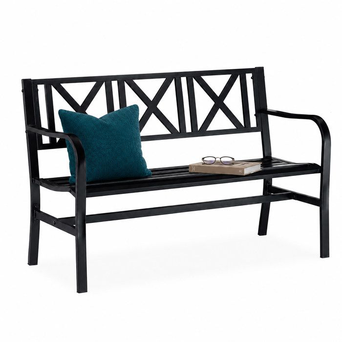 Relaxdays Banc de jardin en métal 2 places robuste pour terrasse et balcon H x L x P : 81 x 127 x 56 cm acier noir