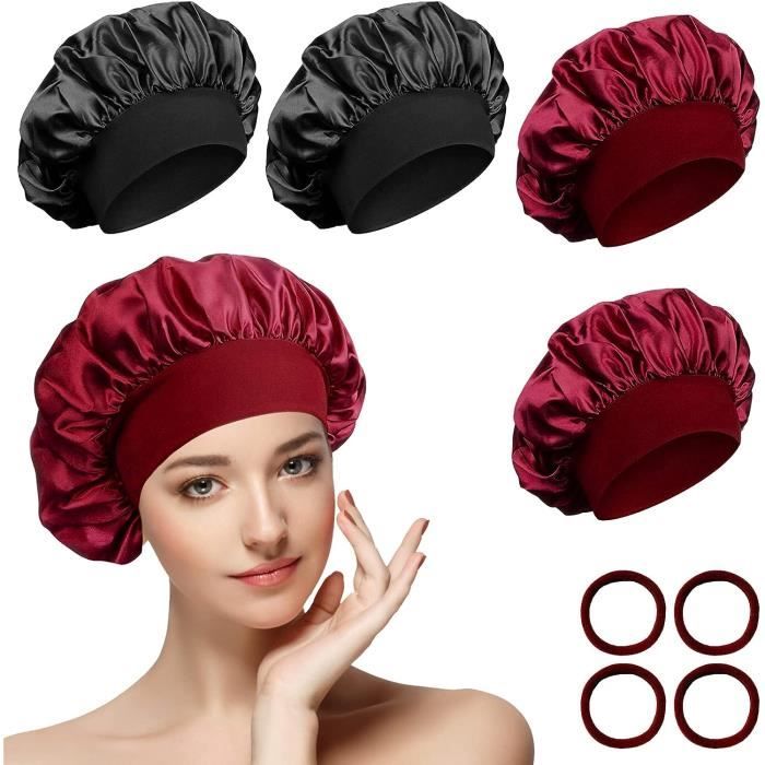 4 Pièces Bonnet Satin Cheveux Nuit et 4 Elastiques à Cheveux Bonnet de Sommeil Chapeau Nuit en Satin à Large Band Élastique