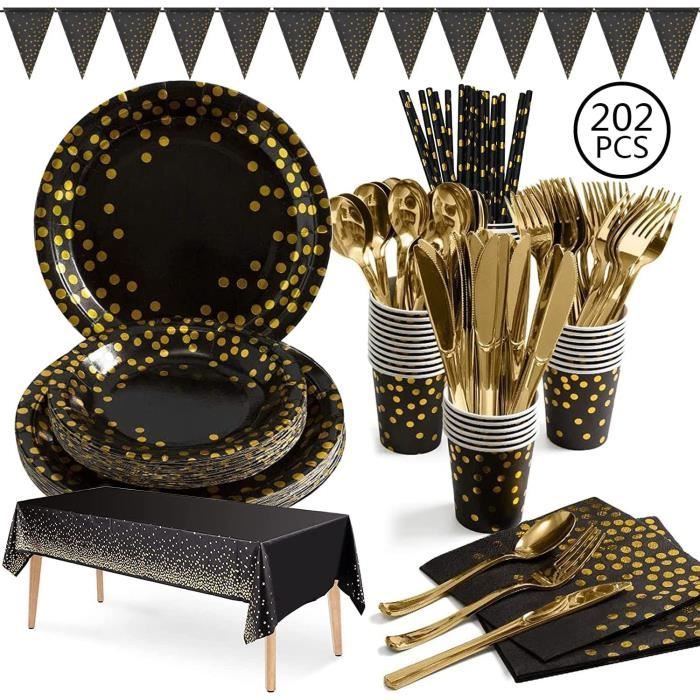 Aschef 202 Pcs Vaisselle Jetable Noir et Or Assiette Jetable Pas Cher