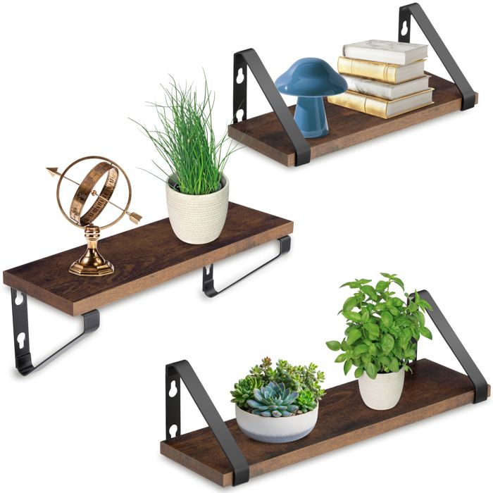 Étagère murale - TECTAKE - Lot de 3 étagères suspendues COWELL en panneau aggloméré 3 différentes tailles - Bois foncé