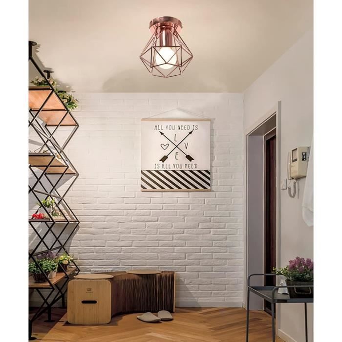 TOKIUS Plafonnier Industriel Moderne Lustre Abat-jour Cage en Fer Vintage Ø16cm Luminaire E27 dintérieur Or Rose pour Salon