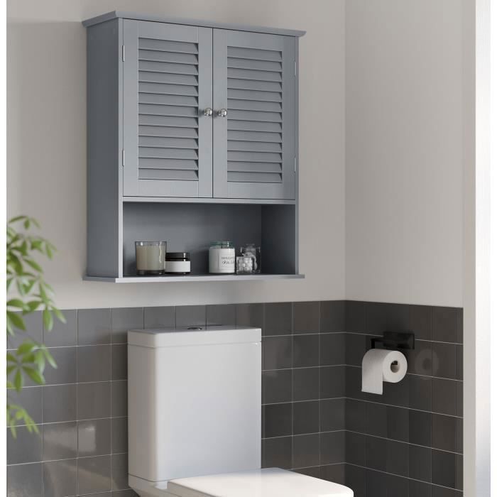 VASAGLE Meuble Mural Salle de Bain avec Étagère Réglable Double Porte et Étagère Ouverte 60 x 20 x 70 cm Gris Mystique