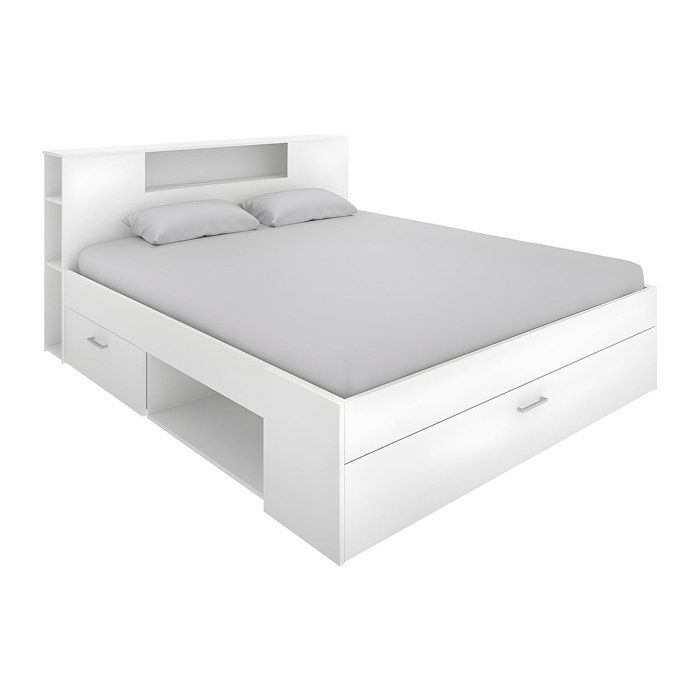 Lit avec tête de lit rangements et tiroirs - 160 x 200cm - Coloris : Blanc - LEANDRE Lit avec tête de lit rangements et tiroirs - 160 x 200cm - Coloris : Blanc - LEANDRE