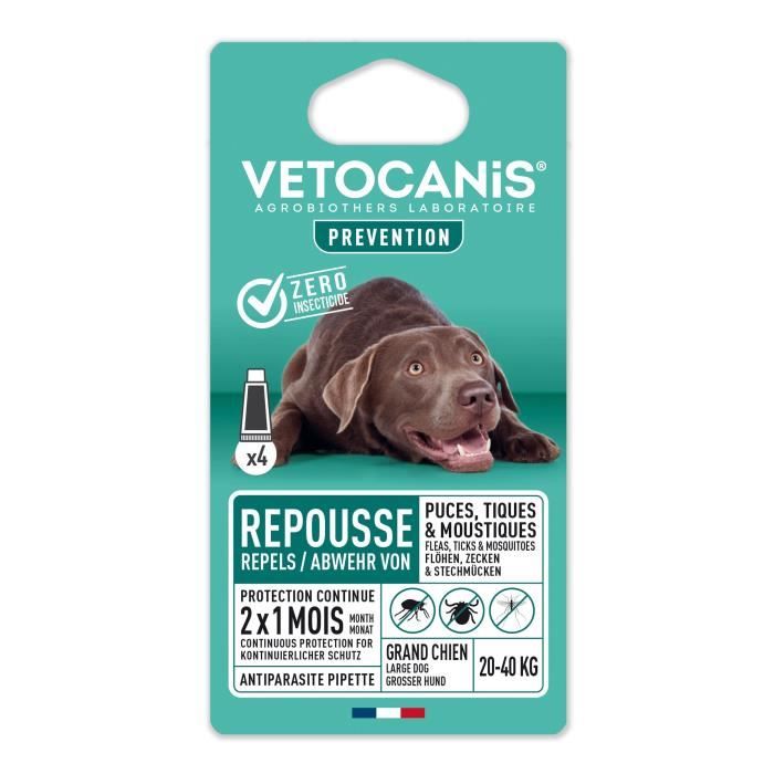 vetocanis 4 pipettes anti-puces et anti-tiques - pour grand chien 20-40 kg - 2x 1 mois de protection