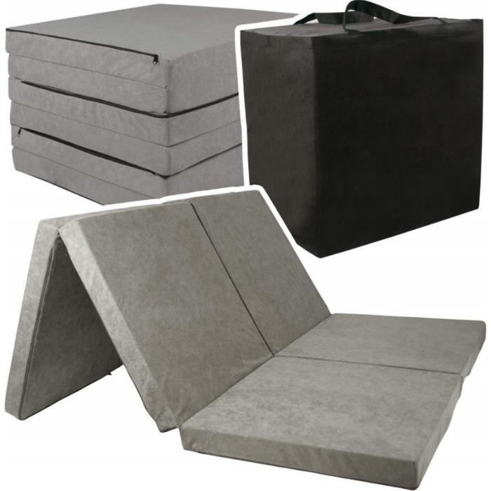 Matelas pliable 2 personnes - Housse lavable - 195cm x 120cm x 7cm - Gris