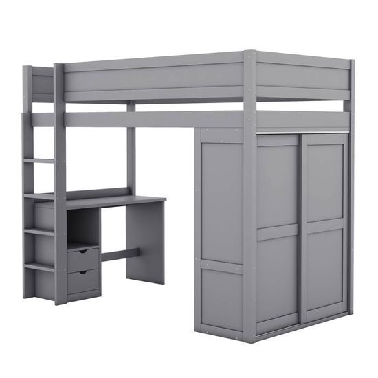 Lit Mezzanine Enfant 90x200 Cm Avec Bureau Et Penderie - Structure Pin Renforcée, Charge 120kg - Échelle Fixe