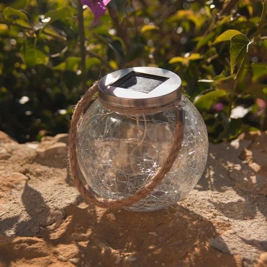 Lot de 2 boules solaires en verre craquelé à poser poignée corde micro LED blanc chaud CRACK BALL CORD H13cm