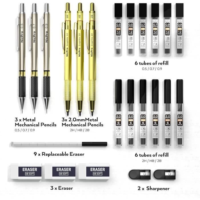 Nicpro 6 Porte Mines Set avec étui, Crayon Mécanique 0,3 & 0,5 & 0,7 & 0,9  & 2,0 mm (4B 2B HB 2H) Recharges pour l'art, le Dessin, l'écriture,  l'esquisse, avec Recharges de Gommes Taille-Crayon : .
