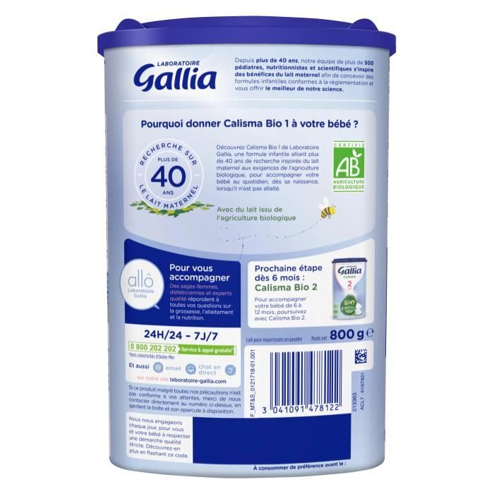 Laboratoire Gallia Calisma 1 Bio, Lait en poudre pour bébé Bio, De 0 à 6  Mois, 800g (Packx3)