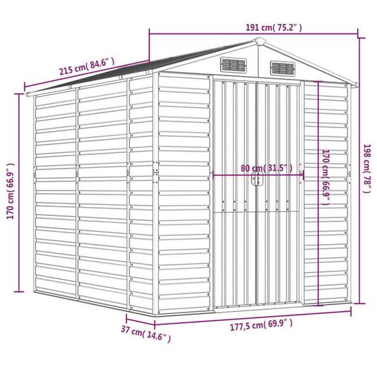 Abri Jardin VidaXL 277x110,5x181 Cm - Acier Galvanisé - Toit Prolongé - Anthracite