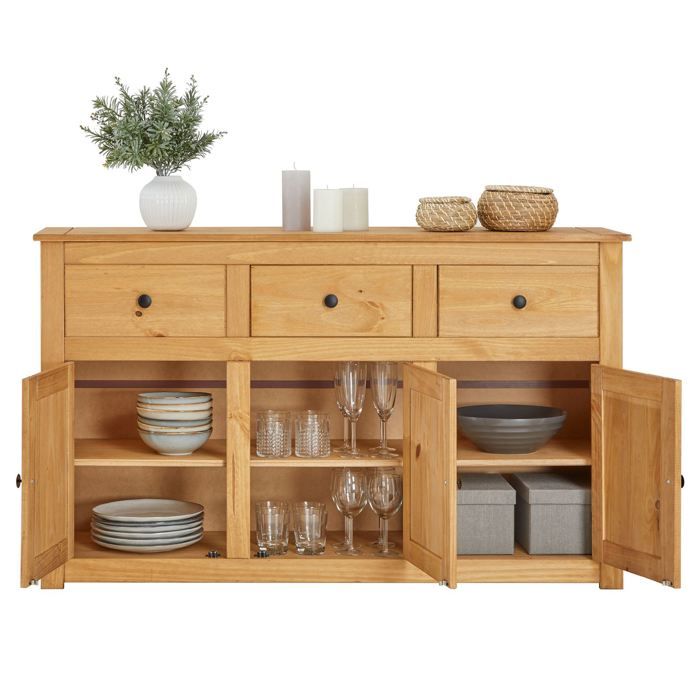 Buffet En Pin Massif Style Mexicain - Meuble Salle à Manger 3 Portes Et 3 Tiroirs - Rangement élégant