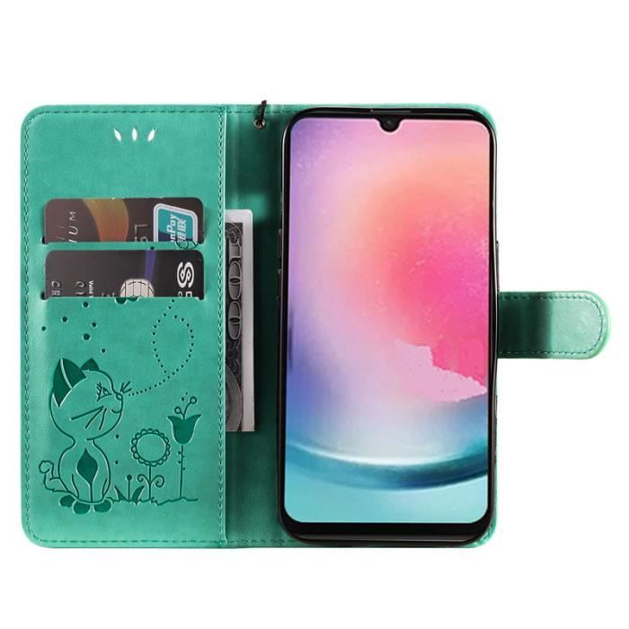 Housse telephone Portable pour Samsung Galaxy A25 5G 6.5 etui Housse a Rabat Motif chat et abeille Vert MUSDKN