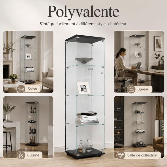 Vitrine Verre Trempé 4 Étagères – 42,5 × 36,5 × 125 Cm – Porte Avec Serrure – Étanche Poussière – Style Moderne Salon/Chambre/Bureau