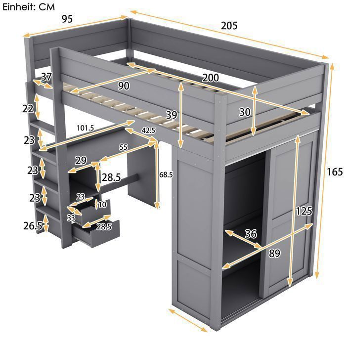 Lit Mezzanine Enfant 90x200 Cm Avec Bureau Et Rangements - Pin, Gris, Escalier, Capacité 120 Kg - 7