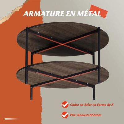Table Basse Salon 80 Cm Avec étagère - Style Industriel Bois Et Métal - 2 Niveaux, Rangement Pratique - Marron Rustique