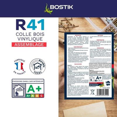Colle Bois - BOSTIK - R41 - Spéciale D3 - Prise Rapide - Résistante à l'Humidité - 750 g