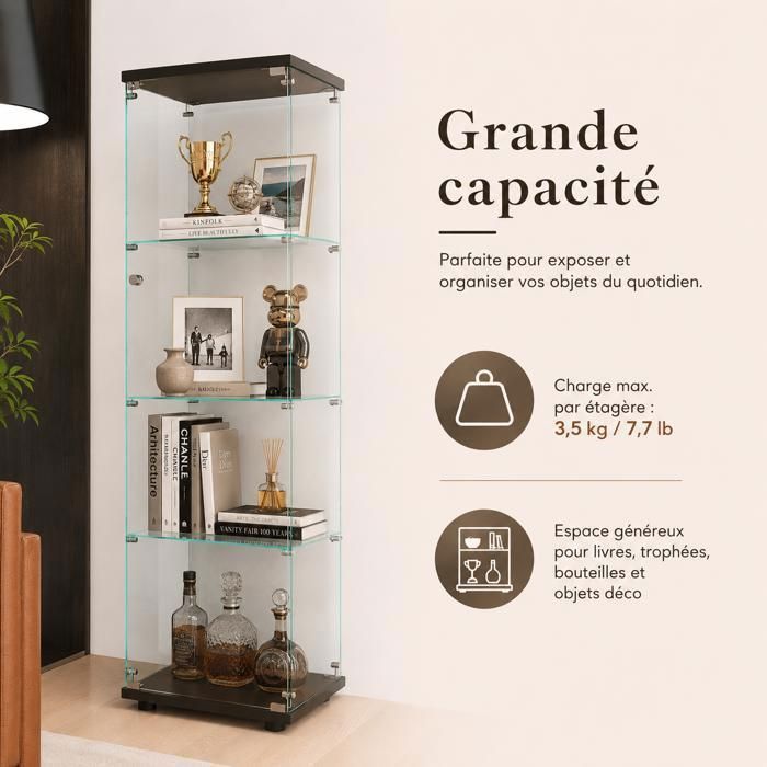 Vitrine en verre avec 4 Etagères et Porte, Verre Trempé, Vitrines pour