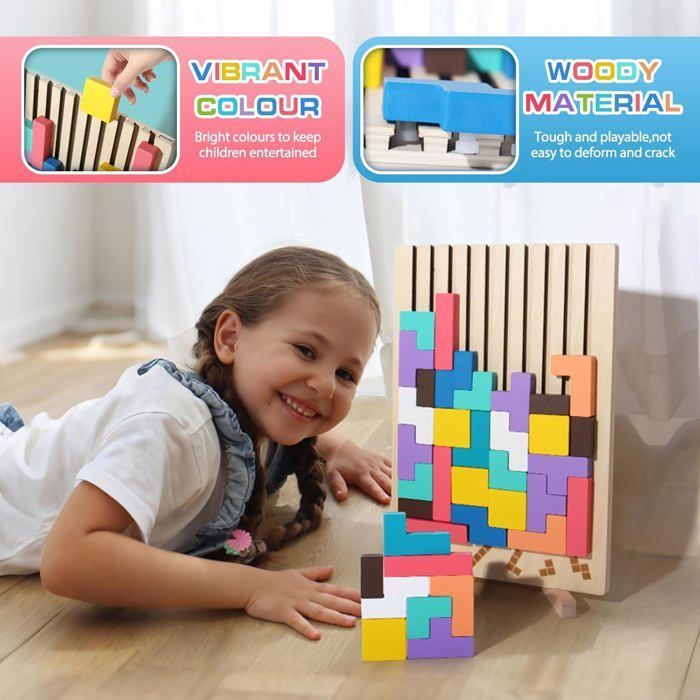 Puzzle en bois Tetris Casse-tête - Jouet éducatif pour bébé - 42 blocs - Tableaux et peintures - Jeux - Jouets