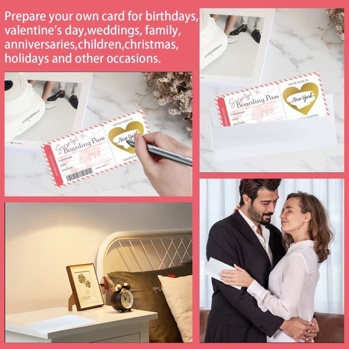 Carte à Gratter Personnalisable Billet D'avion - Lot De 2 Avec Enveloppe - Pour Annoncer Un Voyage Surprise - Cadeau Original Anniversaire, Noël, Couple