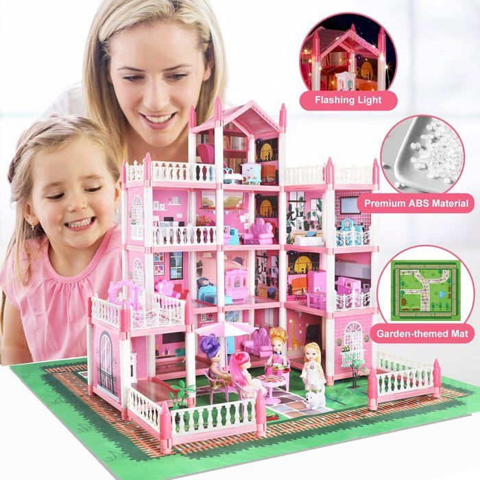 DREAMADE Maison De Poupées De 3 Étages, Meuble De Poupées Pour Enfa Avec Chambre Cuisine Et Salon 15 Accessoires De Meub Amz B