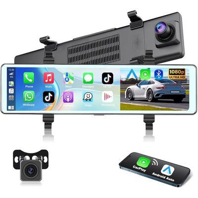 Rétroviseur Dashcam 9,66 Pouces Avec Carplay/Android Auto Sans Fil - Caméra Avant/arrière, Bluetooth, FM