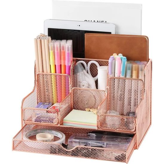 KEPEAK Organisateur De Bureau Multifonction En Filet Métal – Rangement Tiroir Coulissant + Porte-Stylo – Gris – Gain De Place Idéal