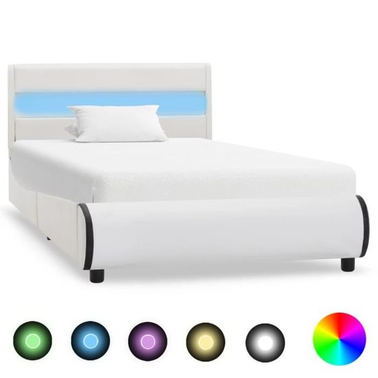 364•Modern Design Lit 1 PLACE|Cadre de lit avec LED Adulte Simplicity MODE Structure de lit|Blanc Similicuir 90 x 200 cm TOP VENTES