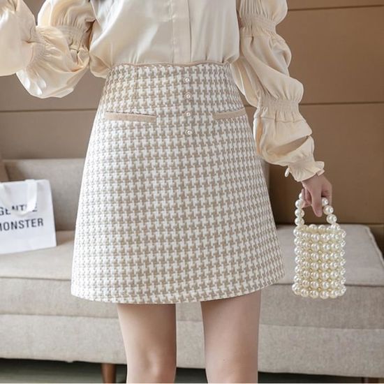 Jupe en Tweed pied de poule Marque Modele Boutons en perles Style coreen Blanc Cdiscount Pret a Porter
