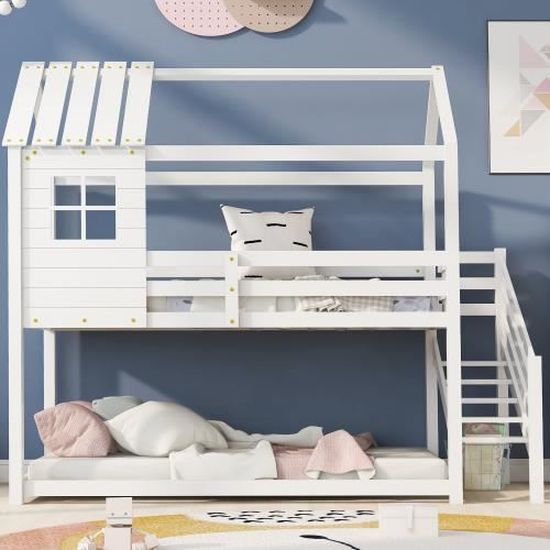Lit Cabane Superposé Enfant 90x200 Cm - 2 Places, Avec échelle Et Protection Anti-chute - En Bois Naturel (sans Matelas) - Pour Garçon Et Fille
