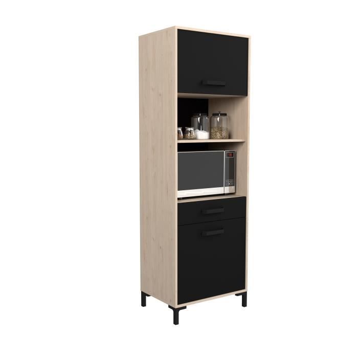 FACTORY Buffet de cuisine 60 cm - 2 portes - L 60 x P 43 x H 185 cm - Chêne et noir - EKIPA