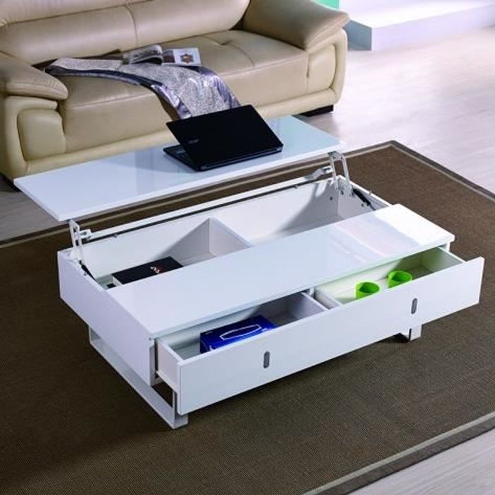 TABLE BASSE RELEVABLE LAQUE BLANC MUTIFONCTION EASY