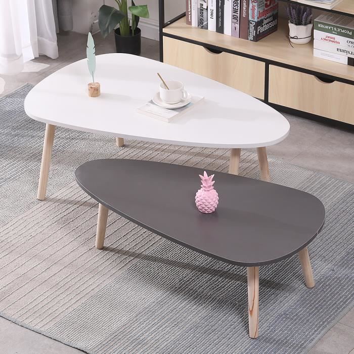 KEKE-Lot de 2 tables basses ovales gigognes scandinave blanc/gris laqué mat - bois pieds(98 * 61 * 39cm & 88 * 48 * 33cm)