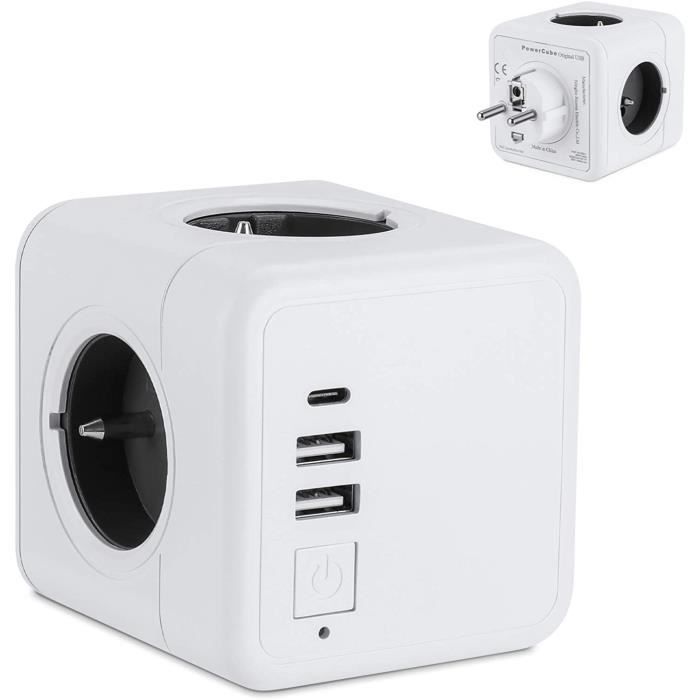Cube Multiprise USB Bloc Multiprise 4 Prises avec 3 Ports USB Chargeur de Voyage et multiprise sans câble(5V 3,1A)
