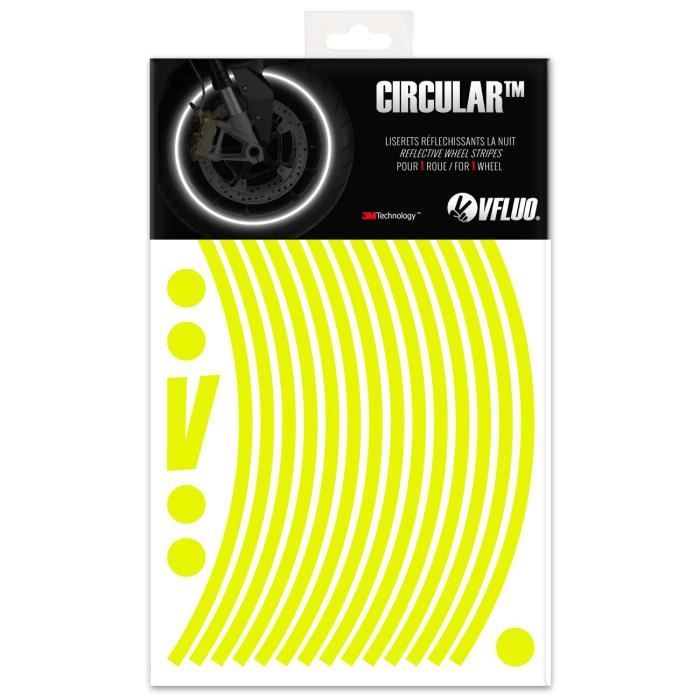 VFLUO CIRCULAR , Kit bandes jantes moto rétro réfléchissantes (1 roue), 3M Technology , Liseret largeur normale : 7 mm, Jaune Fluo