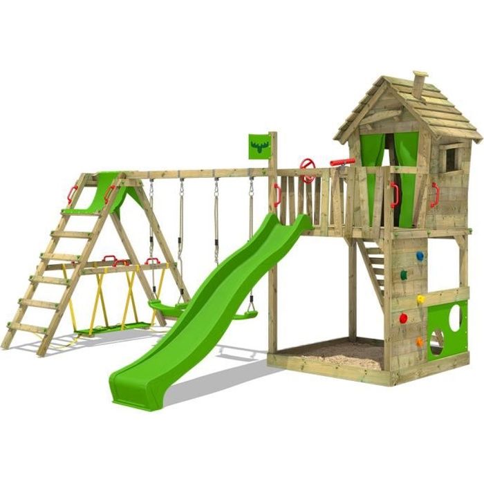 FATMOOSE Aire de jeux Portique bois HappyHome avec balançoire SurfSwing et toboggan vert pomme Maison enfant extérieure