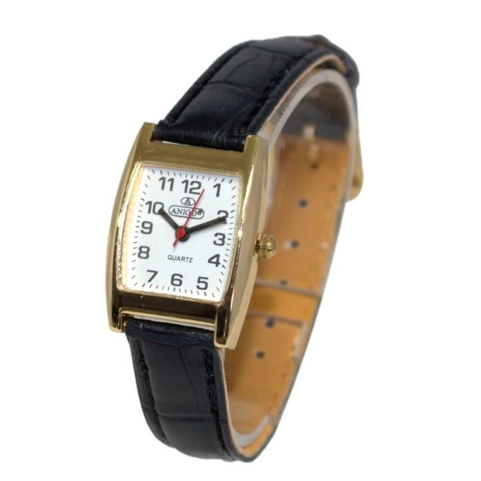 montre femme classique cuir noir cadran doré chiffres clairs