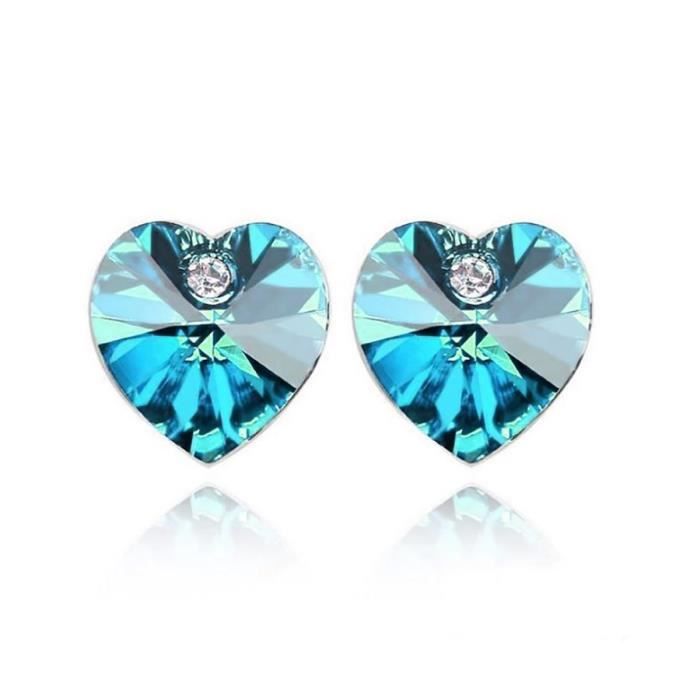 Boucles d'oreilles Swarovski Elements en forme de coeur en cristal autrichien bleu en forme de coeur