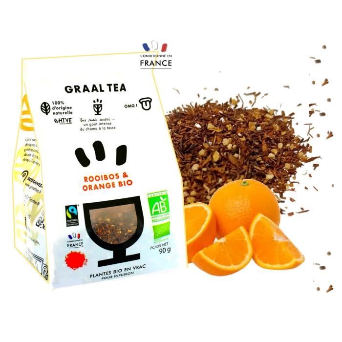GRAALTEA - Infusion Dégustation - Rooibos & Orange BIO en Vrac - 100% d'Origine Naturelle - Made in France - 1 Paquet x 90 grammes
