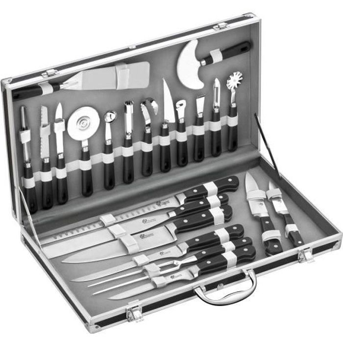 PRADEL EXCELLENCE Valise cuisinier 22 pièces 14 ustensiles + 7 couteaux noir et gris