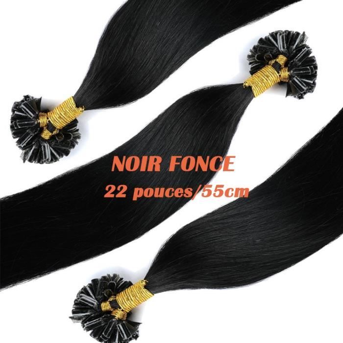 Extensions Keratine a Chaud Cheveux Naturels 50 mèches(1g-mèche) NOIR FONCE-22 pouces-55cm - Onglet Pointe U Kératine Remy Hair